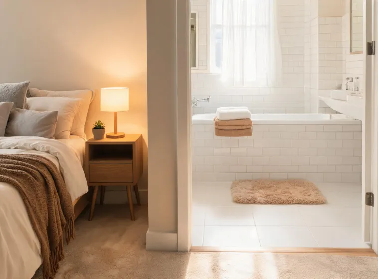 Lived in bedroom and bath comfort scene
