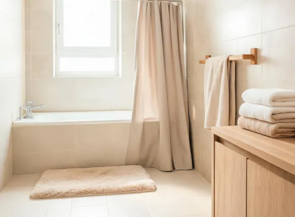 Bright bathroom with bath mat and towels
