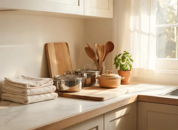 Kitchen corner with cookware and textiles