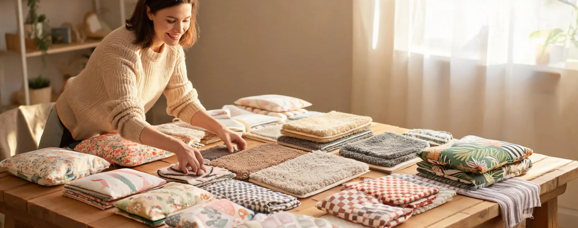 Slip advisor arranging bedding and bath samples